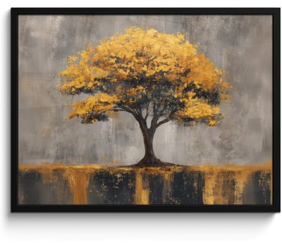 Poster in lijst - Fotolijst 80x60 cm - Posters - Boom - Bladeren - Goud - Abstract - Posterlijst zwart - Decoratie - Wanddecoratie woonkamer - Muurdecoratie slaapkamer