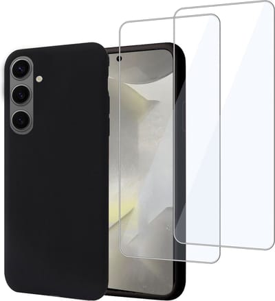 Geschikt voor Samsung Galaxy S24 - Hoesje + 2x Screenprotector – Gehard Glas Cover - Suède Case Zwart