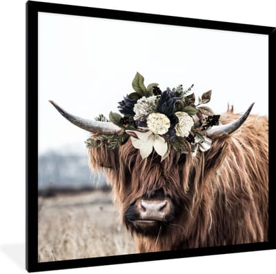 Fotolijst incl. Poster - Schotse Hooglander - Bladeren - 40x40 cm - Posterlijst