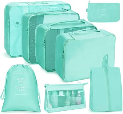 Famanu – Inpakkubussen 8 stuks Koffer Organizer Set Multifunctionele Organizers Reisbagage Verpakking Organisatoren Toiletartikelen Opbergzakken Vakantie en Reizen voor Make-up - Cyaan