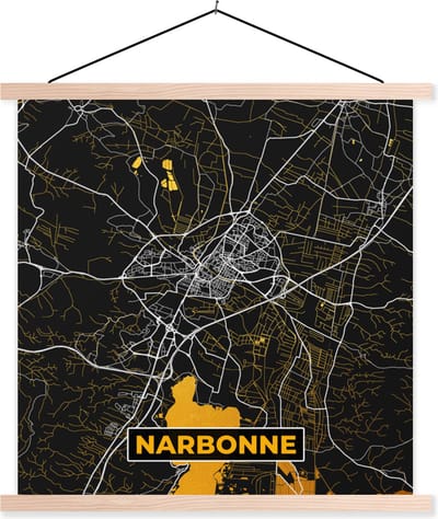 Posterhanger incl. Poster 40x40 cm - Schoolplaat - Plattegrond – Narbonne – Stadskaart – Kaart – Frankrijk - Textielposter - Blanke latten - Stadskaart
