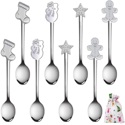 Dailygoods- Lepelsset 8 Stuks - Roestvrij Staal - Kerstlepels - Opbergzak - Vaatwasmachinebestendig - Duurzaam Materiaal - Theelepels