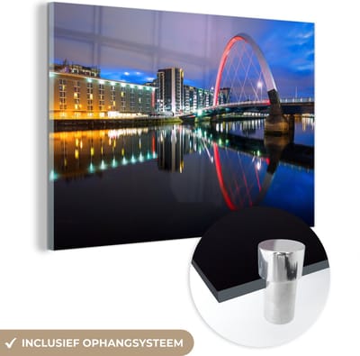 ® Glasschilderij 180x120 cm - Schilderij acrylglas - Brug - Rood - Glasgow - Foto op glas - Muurdecoratie woonkamer - Wanddecoratie slaapkamer - Schilderijen