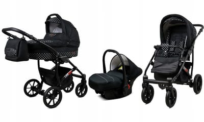 BabyLux® Kinderwagen 3in1 – LARGO - WHITE DOTS BLACK FRAME - Opklapbare Wandelwagen incl. Reiswieg, Multifunctionele Buggy Sportstoel, Autostoel - Combi-kinderwagen met Luiertas, Regenhoes, Klamboe, Bekerhouder, etc.