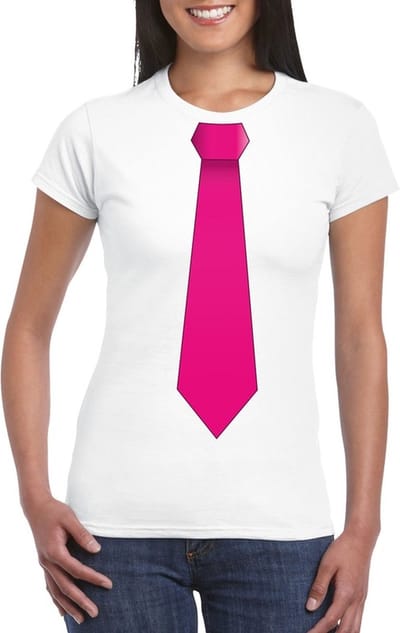 Wit t-shirt met roze stropdas dames S