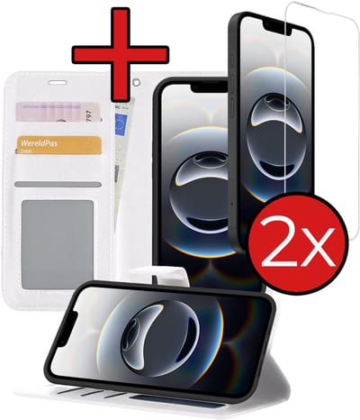 Hoesje - Met 2x Screenprotector - Geschikt voor Apple iPhone 16e / 17e - Luxe Pasjeshouder - Flip Case - Bookcase Portemonee - Kunstleer Book Case - Flipcase Hoes - Book Cover - Walletcase - Portemonneehoes - Telefoonhoes - Wit