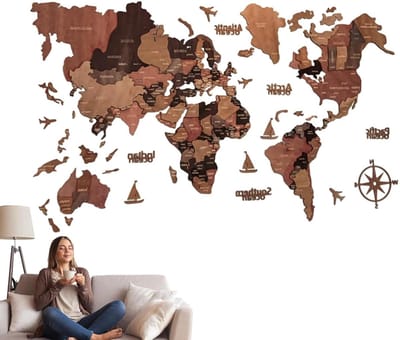 Houten muurdecoratie - Wereldkaart decor - Wanddecoratie - Rustieke uitstraling - 100 x 60 cm - Bruin