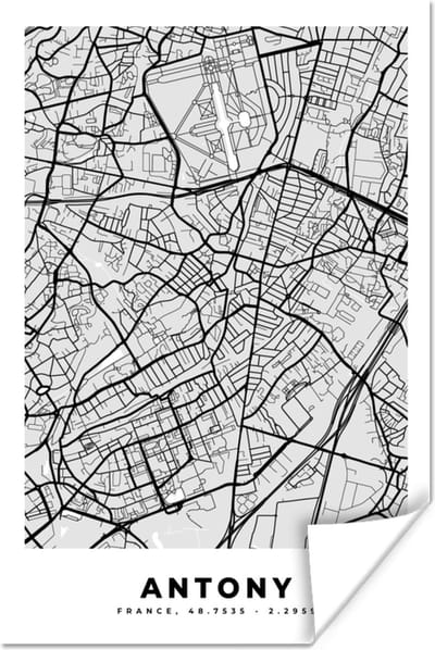 Poster Plattegrond - Kaart - Stadskaart - Frankrijk - Antony - 120x180 cm XXL