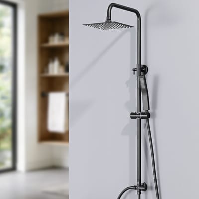 DERW Max Douchesysteem Regendouche Zwart - RVS Doucheset - Hoofddouche 20 cm - Duurzame Messing Omsteller - Verstelbare Hoogte 72-110 cm - Waterbesparend - Zwart