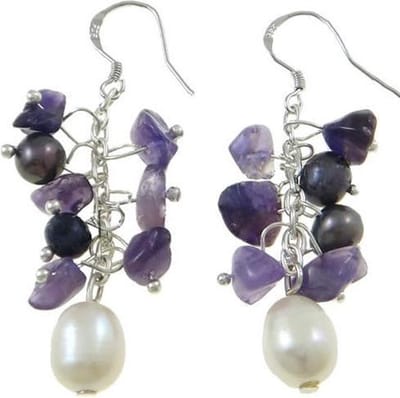 Zoetwater parel oorbellen met edelsteen Pearl Ami - oorhangers - echte parels - sterling zilver (925) - amethist - wit - paars - sieraden zakje - parel oorbellen dames