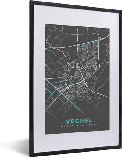 Fotolijst incl. Poster - Stadskaart - Veghel - Grijs - Blauw - 40x60 cm - Posterlijst - Plattegrond