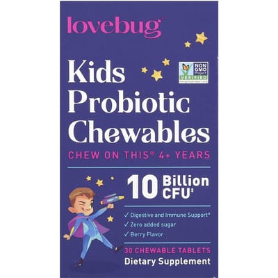 LoveBug Probiotica, probiotica voor kinderen, vanaf 4 jaar, bessensmaak, 10 miljard CFU, 30 kauwtabletten