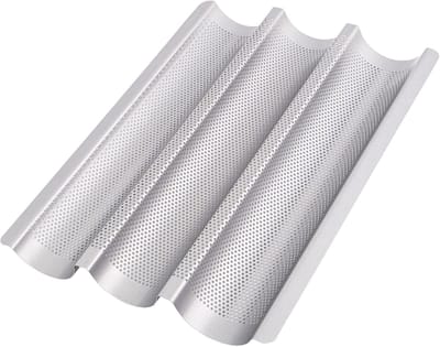 Bakken van Baguettes: Niet-Plakkerige Bakvorm voor 3 Baguettes, Ideaal voor Brood en Gebak (38 x 27.5 x 3.2 cm, Zilver)