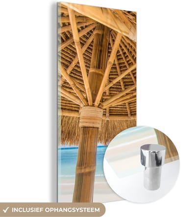 MuchoWow® Glasschilderij 20x40 cm - Schilderij acrylglas - Parasol - Strand - Zee - Tropisch - Foto op glas - Schilderijen