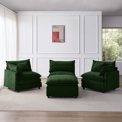 OKWISH Hoekbank 3-Zits Met Chaise Longue En Hocker - Modulair Comfort Voor Woonkamer Of Kleine Ruimte - Chenille - Groen