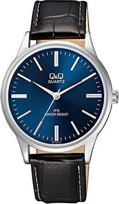 Q&Q C214J312Y - Horloge - Analoog - Mannen - Heren - Leren band - Rond - Metaal - Streepjes - Zwart - Zilverkleurig - DonkerBlauw