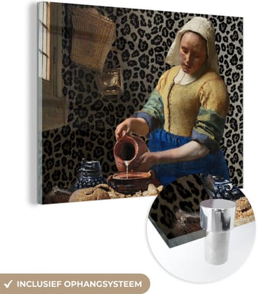MuchoWow® Glasschilderij 160x120 cm - Schilderij acrylglas - Melkmeisje - Kunst - Panterprint - Vermeer - Schilderij - Oude meesters - Foto op glas - Schilderijen