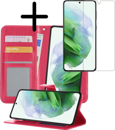 Hoesje 2 in 1 - Geschikt voor Samsung Galaxy S21 - Met Screenprotector - En Uitneembare Hard Cover - Bookcase - Wallet Case - Met Pasjeshouder - Book Case - Uitneembaar - Pashouder - Kunstleer - Donkerroze