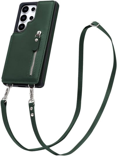 CaseMania Backcase hoesje geschikt voor Samsung Galaxy S25 Ultra - Effen Groen - Kunstleer - met Crossbody Koord, Pashouder & Ritsvakje