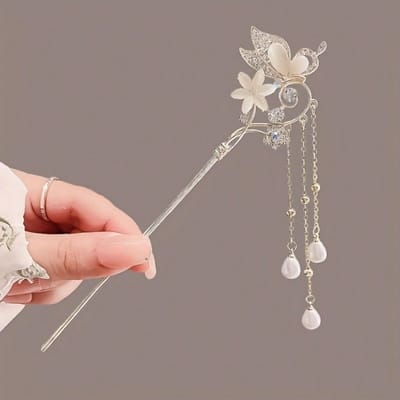 Elegante Nieuwe Chinese Stijl Haarspeld met Vlinder- en Bloemontwerp, Voorzien van Kattenoog Versieringen en Kwastjes voor een Verfijnde Opsteekkapsel