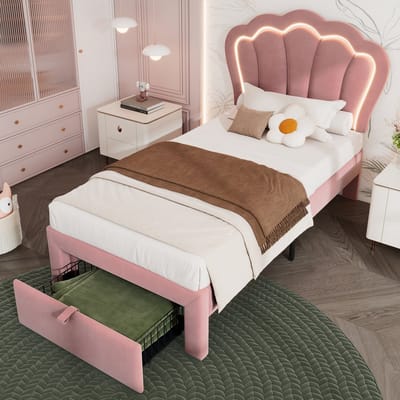 DESMIU Gestoffeerd Bed 90 X 190 Cm - Led Eenpersoonsbed Met Verstelbaar Hoofdeinde - Opberglade Aan Voeteneinde - Jeugdkamer - Fluweel - Roze Zonder Matras
