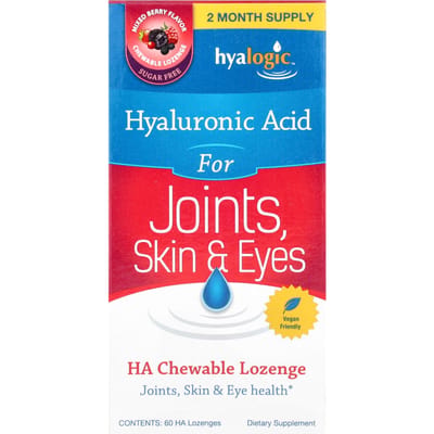 Hyalogic, Acide hyaluronique pour les articulations, la peau et les yeux, sans sucre, fruits rouges, 60 pastilles
