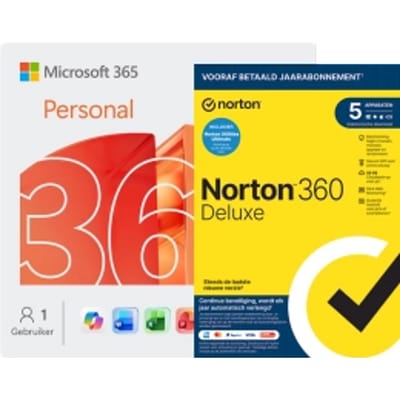 Microsoft 365 Personal | 1 Gebruiker - 1 jaar + Norton 360 Deluxe met Norton Utilities | 5 apparaten | 1 jaar