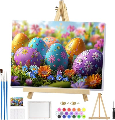 Easter Eggs Schilderen op Nummer voor Volwassenen met Frame en Houten Easel - DIY Olieverf Canvas Set voor Creatieve Kunst en Decoratie