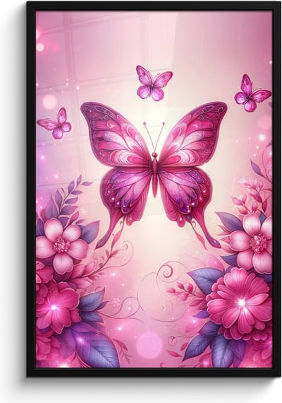 Poster in lijst - Fotolijst 60x90 cm - Posters - Vlinder - Roze - Bloemen - Posterlijst zwart - Kamer decoratie - Wanddecoratie kinderkamer - Muurdecoratie babykamer