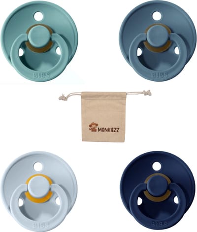 Bibs fopspenen maat 1 0-6 maanden| Set 4 stuks| Baby blue, Deep space, Petrol, Island sea + Monkiezz speenzakje