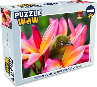 Puzzel Tropische vogel tussen roze bloem - Legpuzzel - Puzzel 1000 stukjes volwassenen