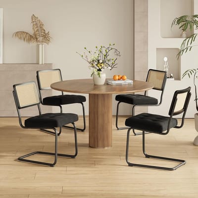 Eetkamerstoelen Set van 4 – Zwarte Fluwelen Rotan Stoelen met Metalen Frame – 57,5 x 46,6 x 84 cm – Comfortabele Mid-Century Design Stoelen voor Woonkamer, Keuken of Restaurant – Laura