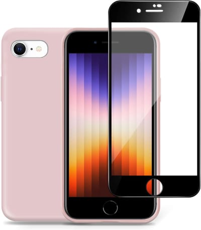 Hoesje geschikt voor iPhone SE 2022 + Screenprotector – Full Screen Tempered Glass - Liquid Back Case Cover Rose