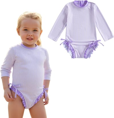 Joya Kids® Badpak Lange Mouw Licht Paars met Streepjes en Roze Ruches Meisjes | Zwempak met ruches UV Badpak Lila | Zwempak Lange Mouw UV Bescherming Streep | Meisje Bikini Zomer | Kinderbadpak Peuter | Maat 0-3 Maanden