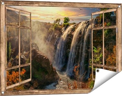 Gards Tuinposter Doorkijk Watervallen vanaf de Kliffen - 90x60 cm - Tuindoek - Tuindecoratie - Wanddecoratie buiten - Tuinschilderij