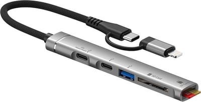5-IN-1 8-Pin + USB-C naar 2X USB-C + USB 3.0 + SD + Micro SD (TF) - geschikt voor Lightning - Kabel adapter hub lezer - geschikt voor o.a. iPhone en iPad en Macbook - grijs