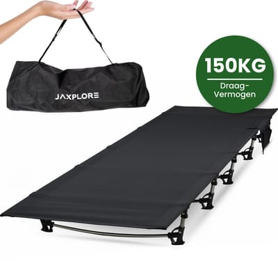 Jaxplore Veldbed - Kampeerbed - 150 kg draagvermogen - 2.2kg - Incl. opbergtas - 193x65x16cm - Vouwbed- Strecher - Zwart