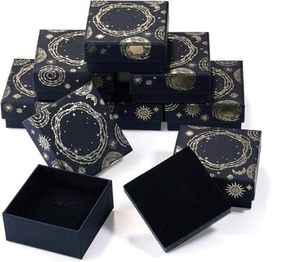 10 Stuks Zwarte Rechthoekige Kartonnen Geschenkdozen 9.1x9.1x2.95cm voor Sieraden Opslag, Bruiloft en Feest Decoratie, Maan en Ster Motief