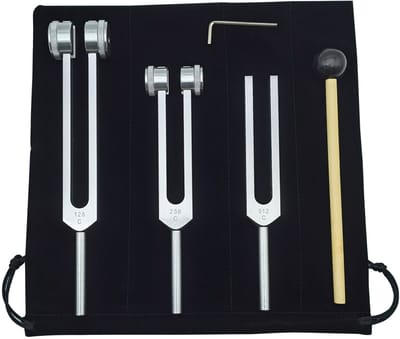 Stemvorkset - Stemvorken zijn ideaal voor genezing, chakra's, klanktherapie en het behouden van een perfecte harmonie van geest, lichaam en ziel - Geschikt voor meditatie en genezing - Zilver 128+256+512Hz + Accessoires