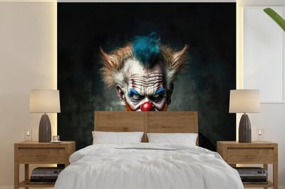 Behang - Fotobehang Clown - Portret - Make up - Clownsneus - Kleding - Breedte 240 cm x hoogte 240 cm