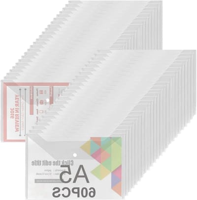 Pack van 60 Transparante A5 Plastic Hoezen met Flap, Duurzame Bescherming voor Documenten en Notities - 235 x 170 mm