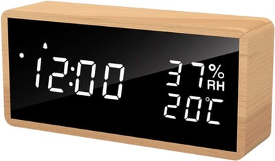 Digitale Houten Wekker, Elektronische Wekker met 3 Alarm Instellingen, USB gevoede Digitale Snooze Klok met LED Tijd, Temperatuur en Vochtigheid Weergave