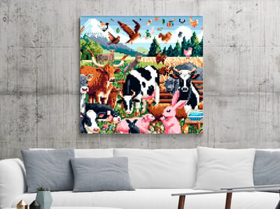 Pixel art vee schilderij | Digitale koeien dansen in een pixelig kunstwerk vol leven | Kunst - 60x60 centimeter op Canvas | Foto op Canvas