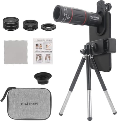 Dailygoods- Telefooncameralenset 4-in-1 - 28X Telelens - 25X Macrolens - 198° Visooglens - 0,6X Groothoeklens - Verstelbaar statief 12-26 cm - Lenskit