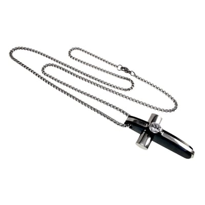Uniseks Jasseron Ketting met Kruishanger en Zirkonia, Roestvrij Staal (RVS) & Zwart PVD - 60cm x 2mm