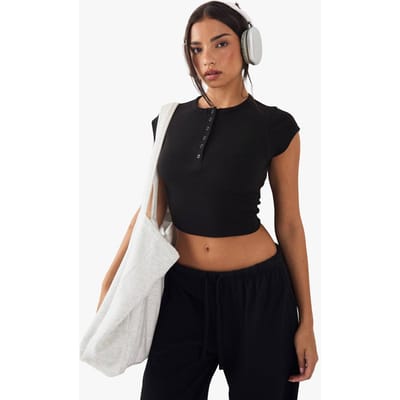 boohoo Dames DSGN Studio Top met knopdetail en geborduurde korte mouwen | Black | Maat: 2XL