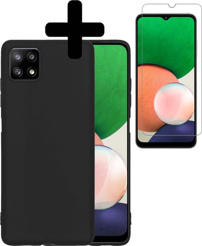 Hoesje - Met Screenprotector - Geschikt voor Samsung Galaxy A22 4G - Sterk & Shockproof - Back Cover - Siliconen Case - Telefoon Hoes - Telefoonhoesjes - Zwart