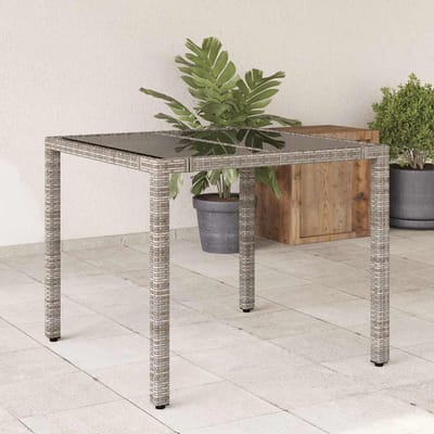 vidaXL Tuintafel met glazen blad 90x90x75 cm poly rattan grijs