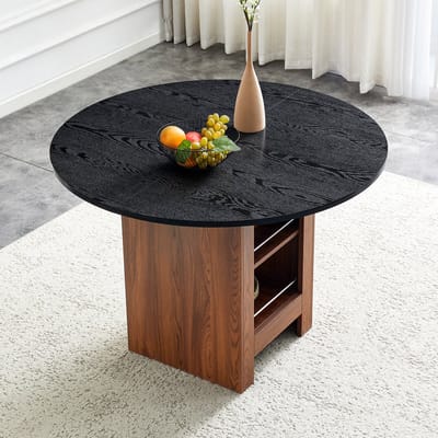 MODFU Ronde Eettafel - Met Open Opbergvakken - Scandinavisch - Voor Eetkamer Of Keuken - MDF - Walnootkleur En Zwart - 100 x 76 cm