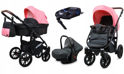 BabyLux® Kinderwagen 4in1 – OPTIMAL - BLACK CORAL BLACK FRAME - Opklapbare Wandelwagen incl. Reiswieg, Multifunctionele Buggy Sportstoel, Autostoel, ISOFIX basisstation - Combi-kinderwagen met Luiertas, Regenhoes, Klamboe